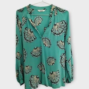Tucker Womens Blouse Sz Large Aqua Silk Long Sleeves Coastalcore Beachy Cottagec
